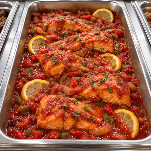 Stewed Salmon in a tomato-based sauce..